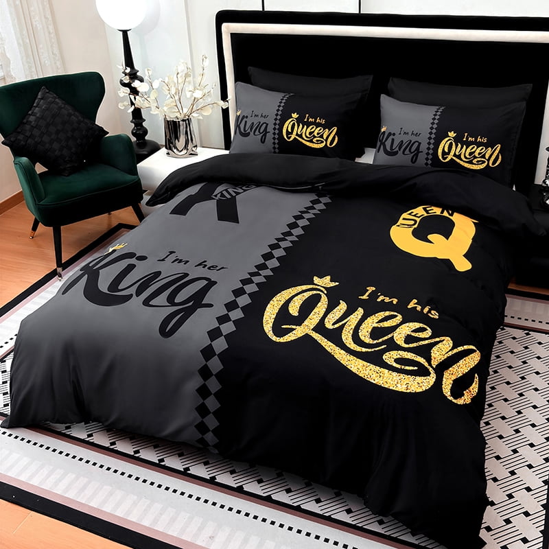 3PCS Duvet cover Set The soft (1 Duvet cover + 2 Pillowcases without Pillow covers), Features high-definition digital printing of crown and letter patterns in a stylish black and gray color scheme.