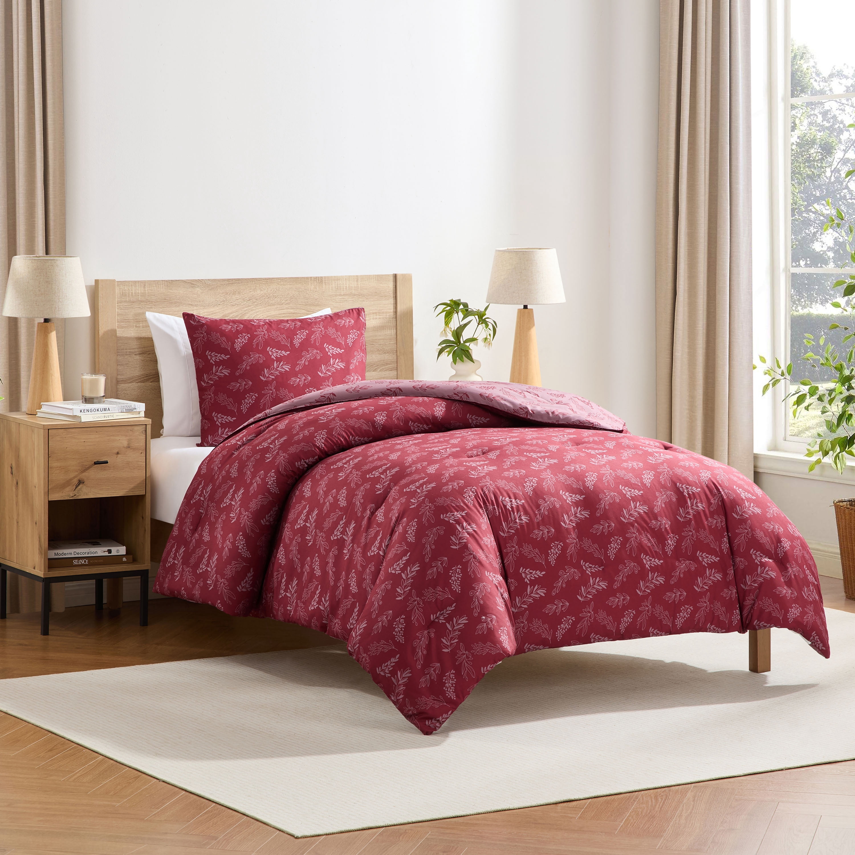 LammaLoe Twin Comforter Sets, 2 Piece Botanical Bed in a Bag, Reversible Bedding Comforter Set with Sheets, Modern Bed Set, Mulberry/Smokey Lavender