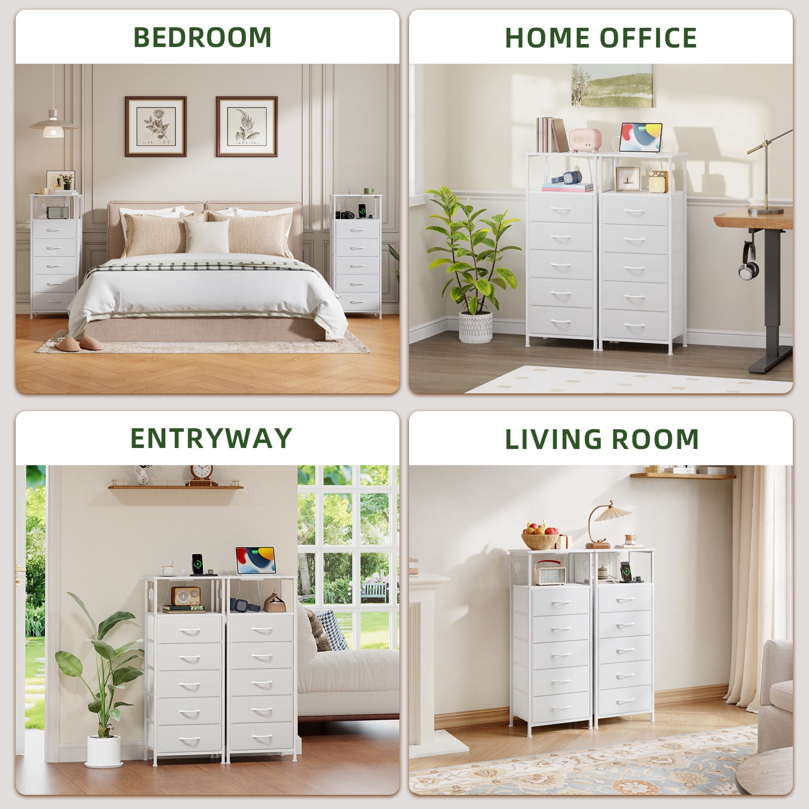 Eunos White Dresser for Bedroom, 5 Drawer Nightstand with Charging Station, LED and Open Shelf