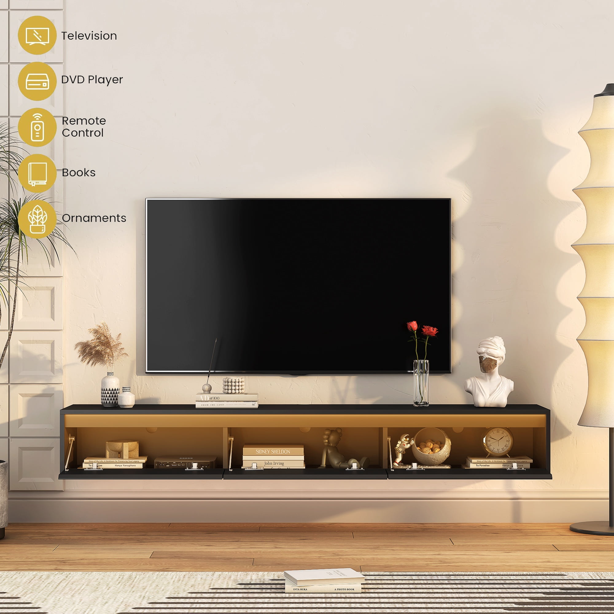TV Stand for 75 inches TVs, Floating TV Stand with LED Lights, High Gloss Wall-Mounted Entertainment Center for Living Room, Modern TV Cabinet Media Console with Hidden Storage, Black