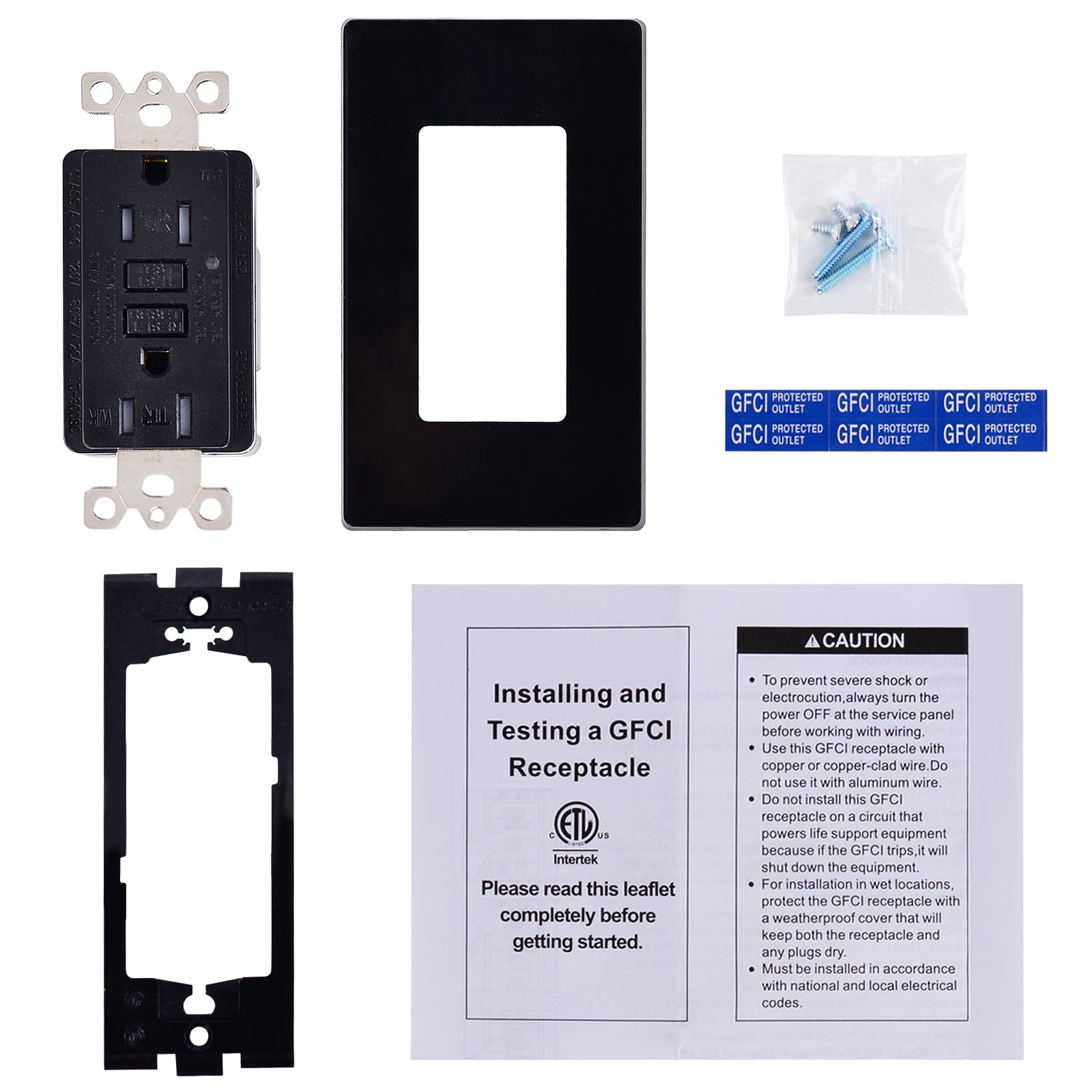 GREENCYCLE 5PK 15A / 125V Tamper Resistant Weather Resistant GFCI Outlets with LED Indicator Decorative Wall Plates Screws Included Residential and Commercial Grade ETL Certified Black
