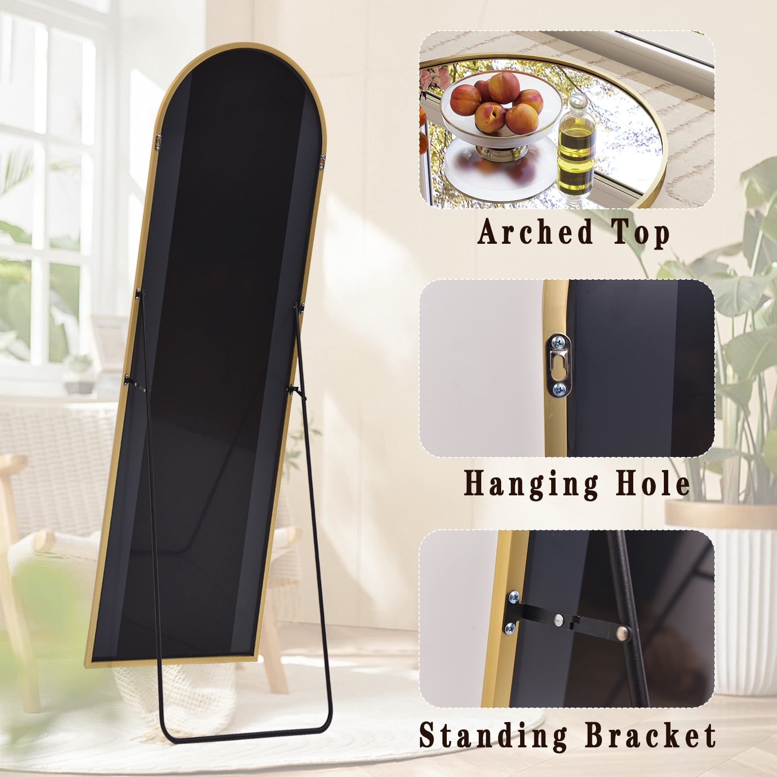 Anyrose 59.1"x16" Arched Full Length Mirror Metal Frame Floor Mirror with Stand, Gold