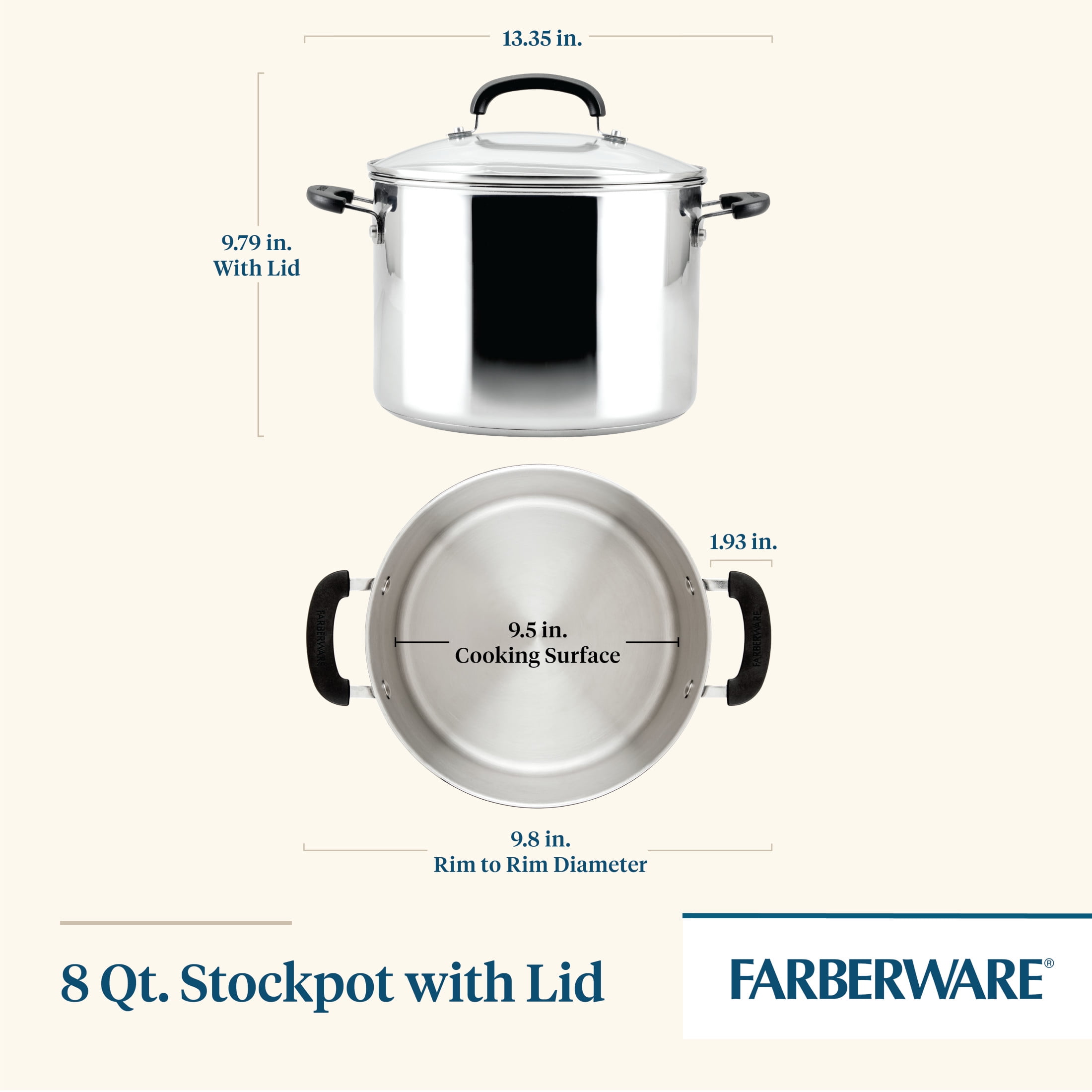 Farberware Brilliance Stockpot with Lid, 8 Quart, Induction Compatible, Dishwasher Safe, Metal Utensil Safe, Stainless Steel