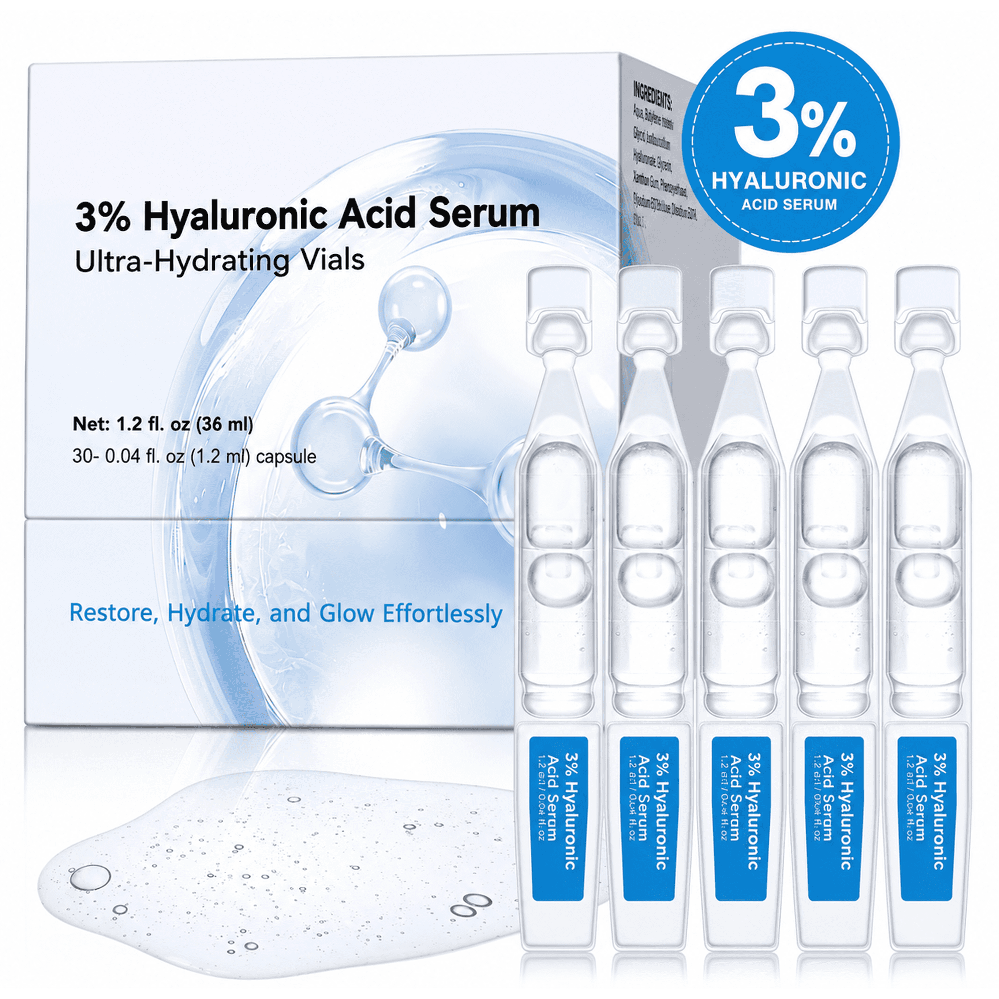 3% Hyaluronic Acid Serum, Facial Hydrating Serum, Lightweight Face Serum, Daily Skincare, 7 Vials