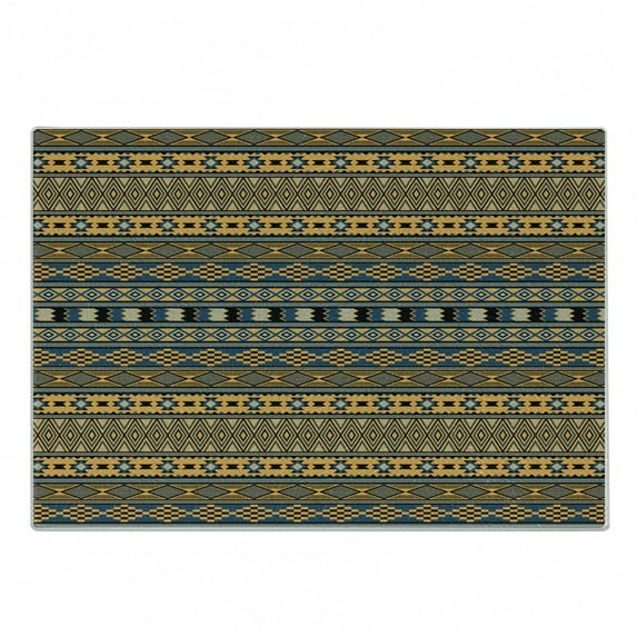 Afghan Cutting Board, Middle Eastern Geometric Shapes Squares Chevron and Rhombuses Arrangement, Decorative Tempered Glass Cutting and Serving Board, Small Size, Multicolor, by Ambesonne