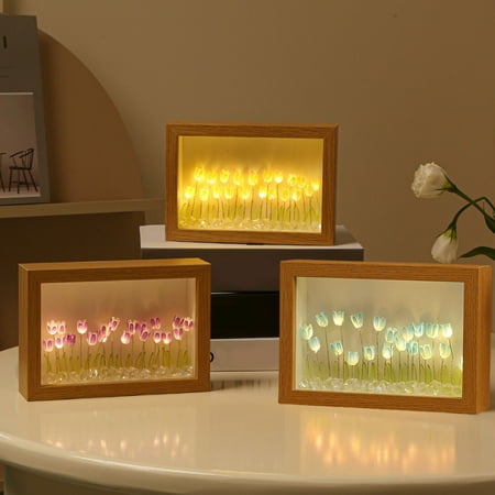 

Romantic Tulip Night Light Set Luminous DIY Rectangular Photo Frame Ornament Creative Handmade LED Light with 20 Mini Flowers - Perfect Birthday Gift