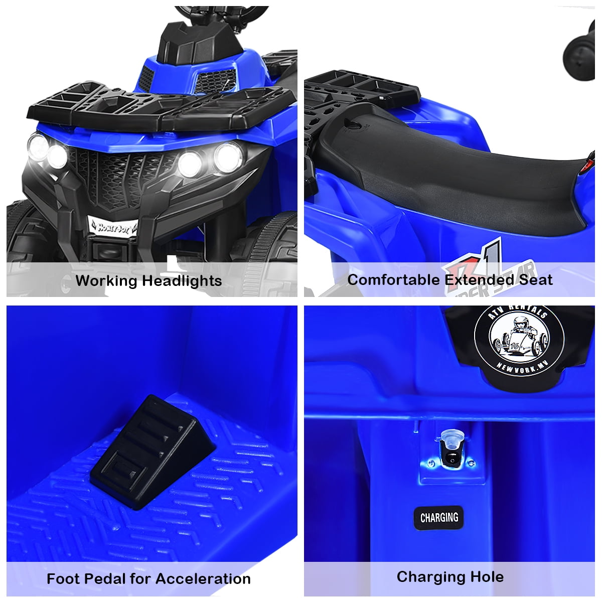 Costway Kids Ride On ATV Quad 4 Wheeler Electric Toy Car 6V Battery Power Led Lights, Blue
