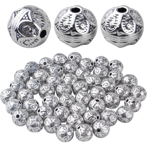 50pcs 8mm Antique Silver Plated Round Spacer Beads Tibetan Alloy Flower Beads Spacers Loose Beads Spacer Charm Beads for Jewelry Bracelet Necklace Crafts Making