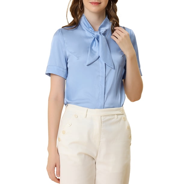BLUSA DE SATÉN ELEGANTE CON NUDO PARA MUJERES CHIC, CAMISA DE OFICINA DE MANGA CORTA Y BOTONES, TALLA XS, AZUL