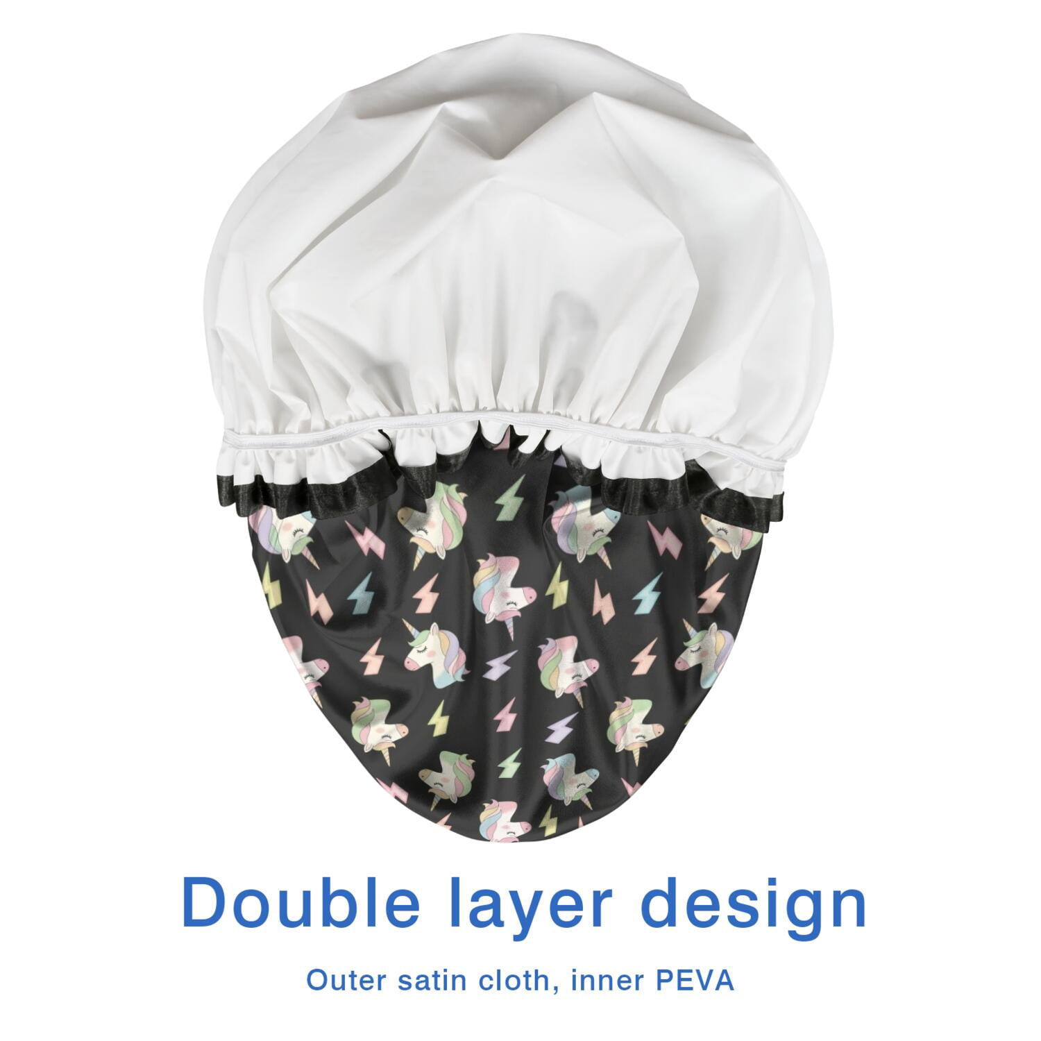 Shower Caps,Black Cartoon Unicorn Lightning Pattern Waterproof Shower Cap for Women 4 Pieces,Double Reusable Hair Cover for Shower PEVA Elastic Stretch Hem