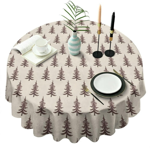 Brown Christmas Tree Pattern Round Tablecloth 60"x60",Wrinkle Wipeable Table Cloth for Kitchen Dining Room Picnic Patio Party
