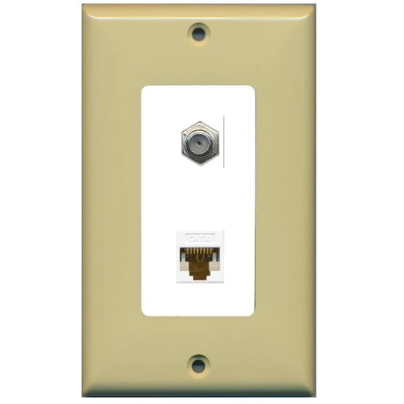 RiteAV - 1 Coax Cable TV F and 1 Cat6 Ethernet Wall Plate Decorative - Ivory/White - Bracket Included