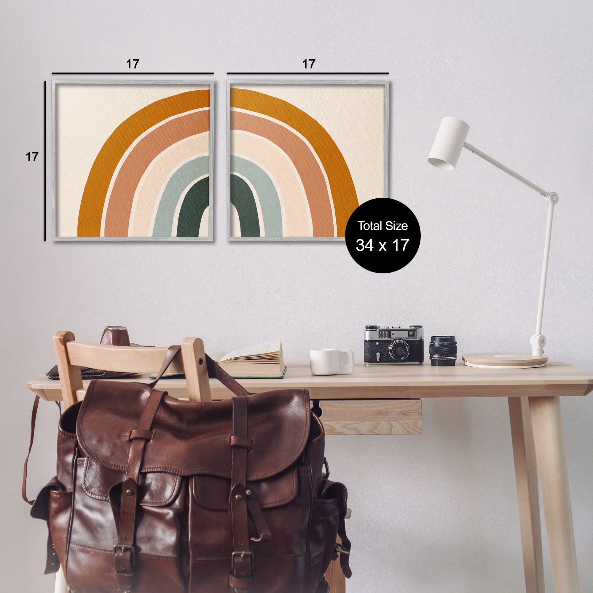 Stupell Industries Asymmetric Warm Retro Rainbow Art for Kids Painting Gray Framed Art Print Wall Art, 17 x 17, Set of 2