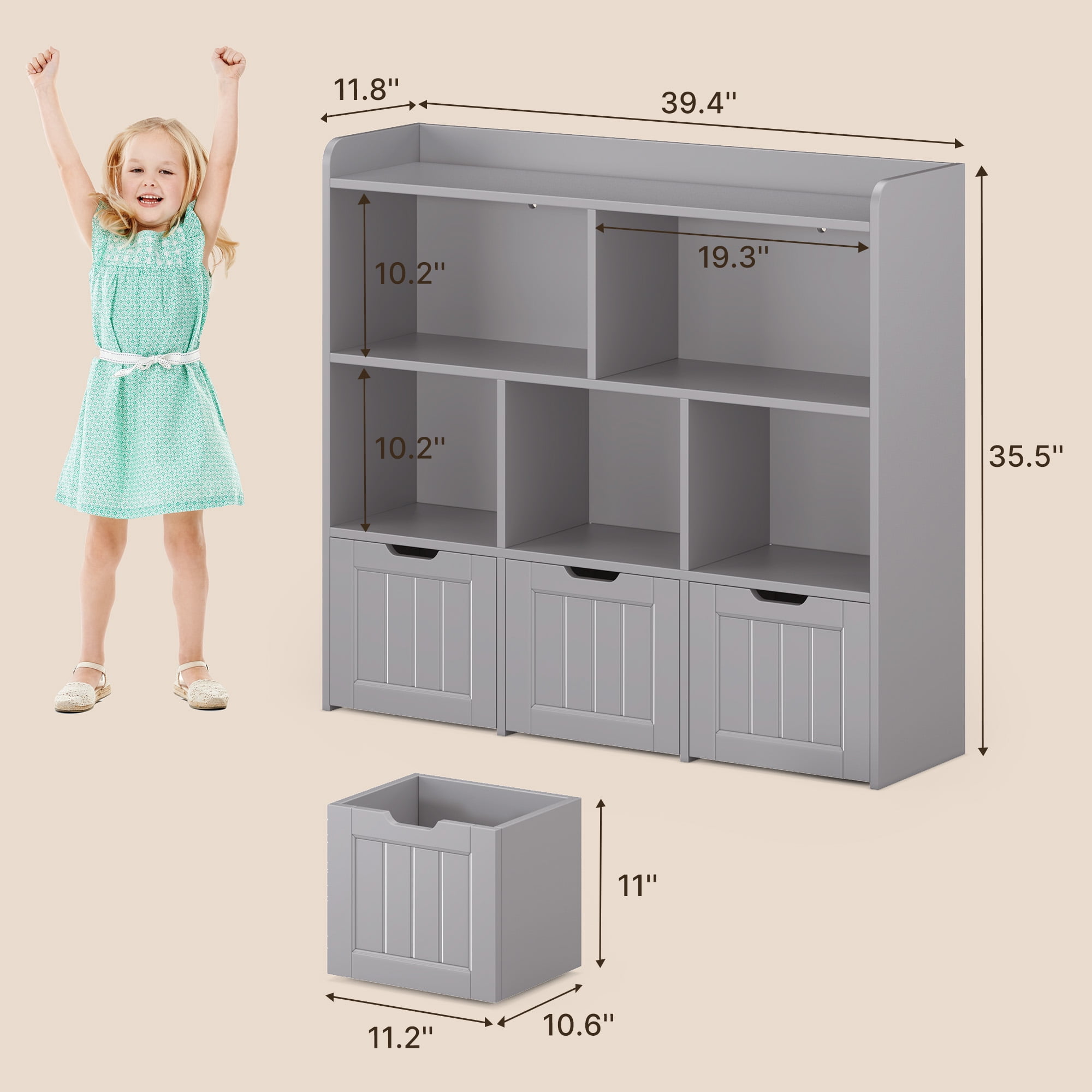 Noelse Toy Storage Cabinet and Kids Bookcase with 3 Movable Drawers and 6 Open Shelves Featuring Fall Prevention Barrier for Playroom Nursery Kids Room Organization, Gray