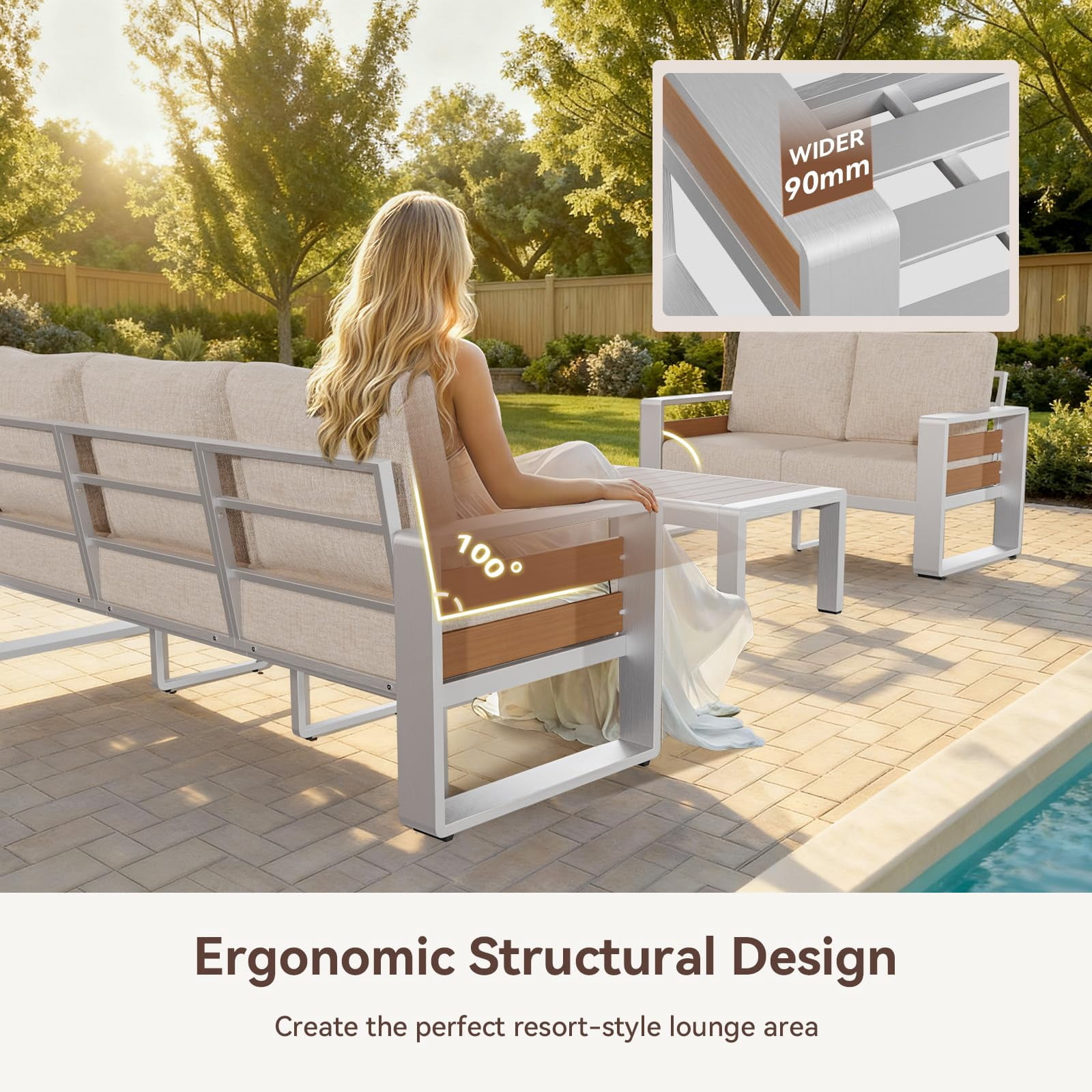 Clouddwell 7-Seats Aluminum Patio Furniture Set, Outdoor Metal Sofa Conversation Set with Coffee Table for Pool Garden Porch Backyard, Beige
