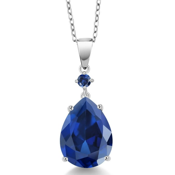 Gem Stone King 925 Sterling Silver Blue Simulated Sapphire and Blue Created Sapphire Pendant Necklace for Women (10.34 Cttw, Pear Shape 16X12MM, Gemstone, with 18 inch Chain)