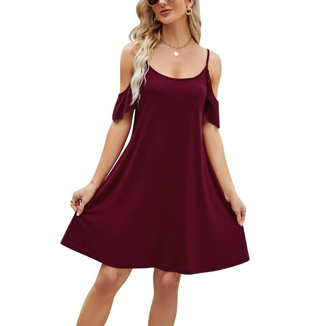EGNMCR Robes de Fête pour Femmes Mode Robe Décontractée à Col Rond Couleur Unie avec Poches Manches Courtes Longueur Genou Mini Jupe
