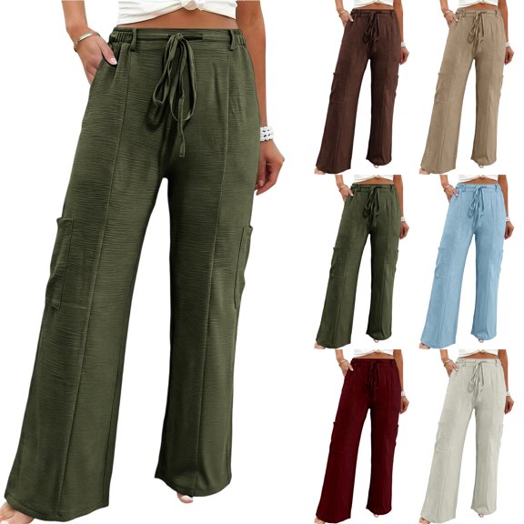 Nugftut Women's Drawstring Wide Leg Pants with Pockets Relaxed Lounge Trousers for Casual Travel