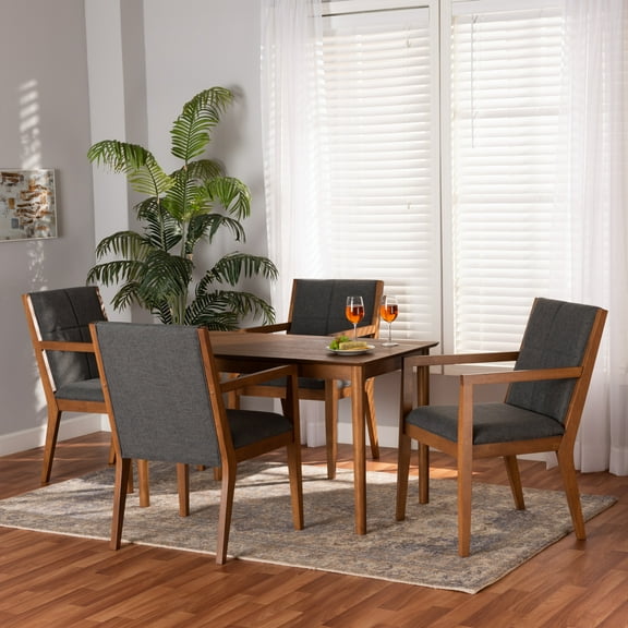 Baxton Studio Theresa Mid-Century Modern Dark Grey Fabric Upholstered and Walnut Brown Finished Wood 5-Piece Dining Set