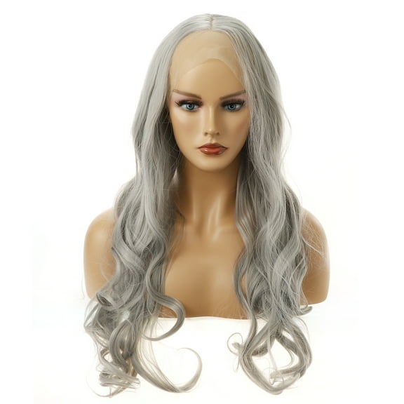 Unique Bargains Lace Front Wigs for Women 24" Gray Long Body Wave  with Wig Cap