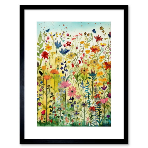 Mixed Wildflower Bloom In Meadow Folk Art Artwork Framed Print Wall Art 9X7 Inch