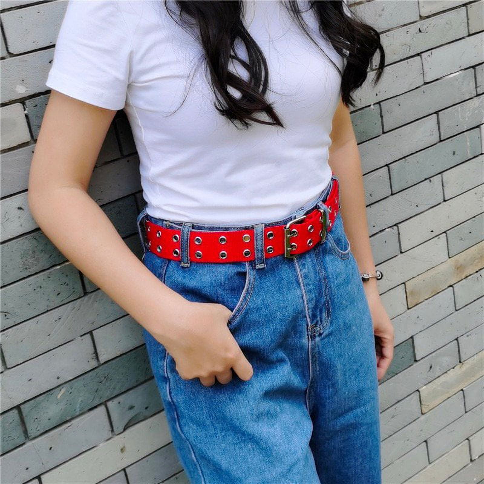 Double Grommet Canvas Web Belt for Women Men Punk Nylon Belt