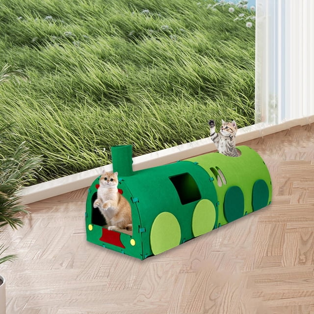 Túnel para gatos con forma de tren, cama para gatos con forma de túnel de dos vías, cueva para esconderse para animales pequeños, rompecabezas para