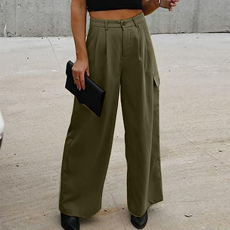 JWZUY Womens High Waisted Wide Leg Cargo Pants Baggy Casual Slack Suit Pants  with 4 Pockets Green XL 