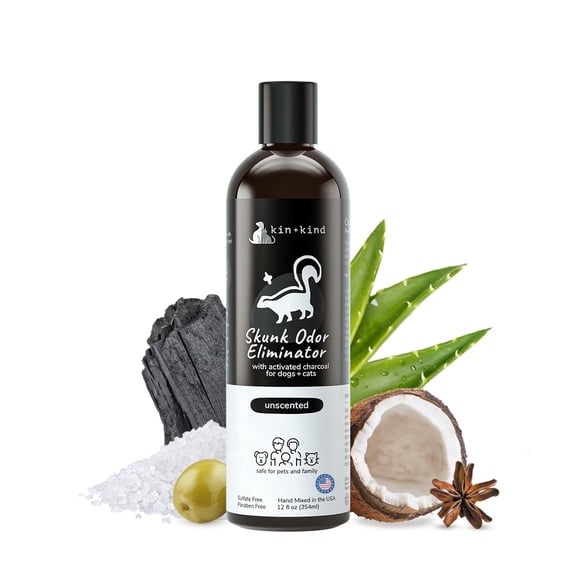 kin kind Skunk Odor Eliminator Natural Dog and Cat Shampoo - Skunk Odor Removal - Activated Charcoal - Unscented - 12 fl oz