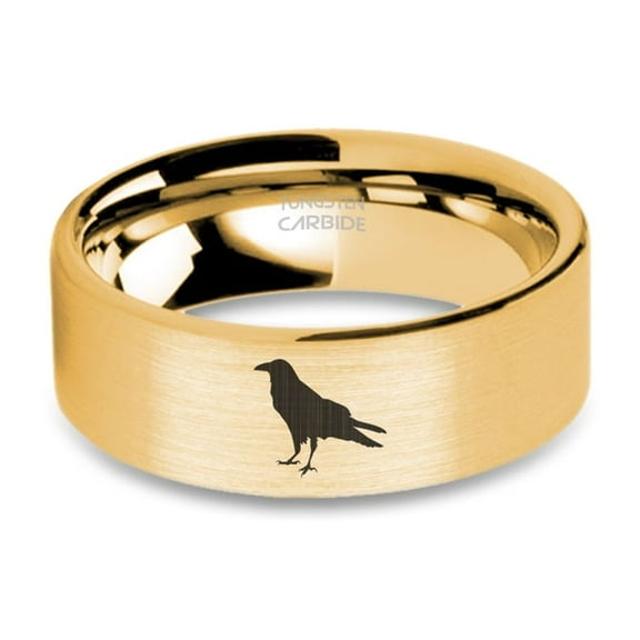 Crow Raven Silhouette Engraved Brushed Yellow Gold Tungsten Band, 8mm, Size 15