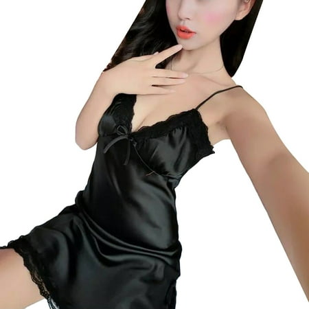 Fusipu Sexy Women Solid Color Deep V Lace Trim Silk Robe Dress Babydoll Mini Nightdress