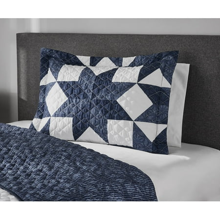 Quilts, Mainstays Reversible Classic Blue Star Quilt, Standard Sham (1-Piece),