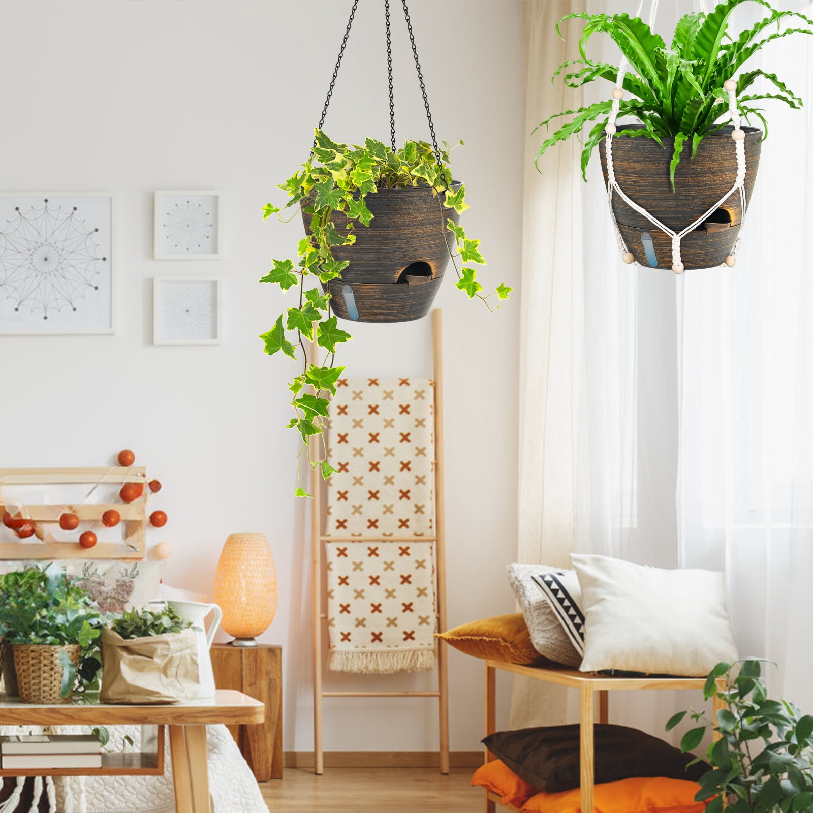 FIASON 2 Pack Bronze 10 Inch Round Hanging Planters with Visible Water Level, Drainage Holes, Removable Tray,Self-Watering Hanging Planters for Indoor Outdoor