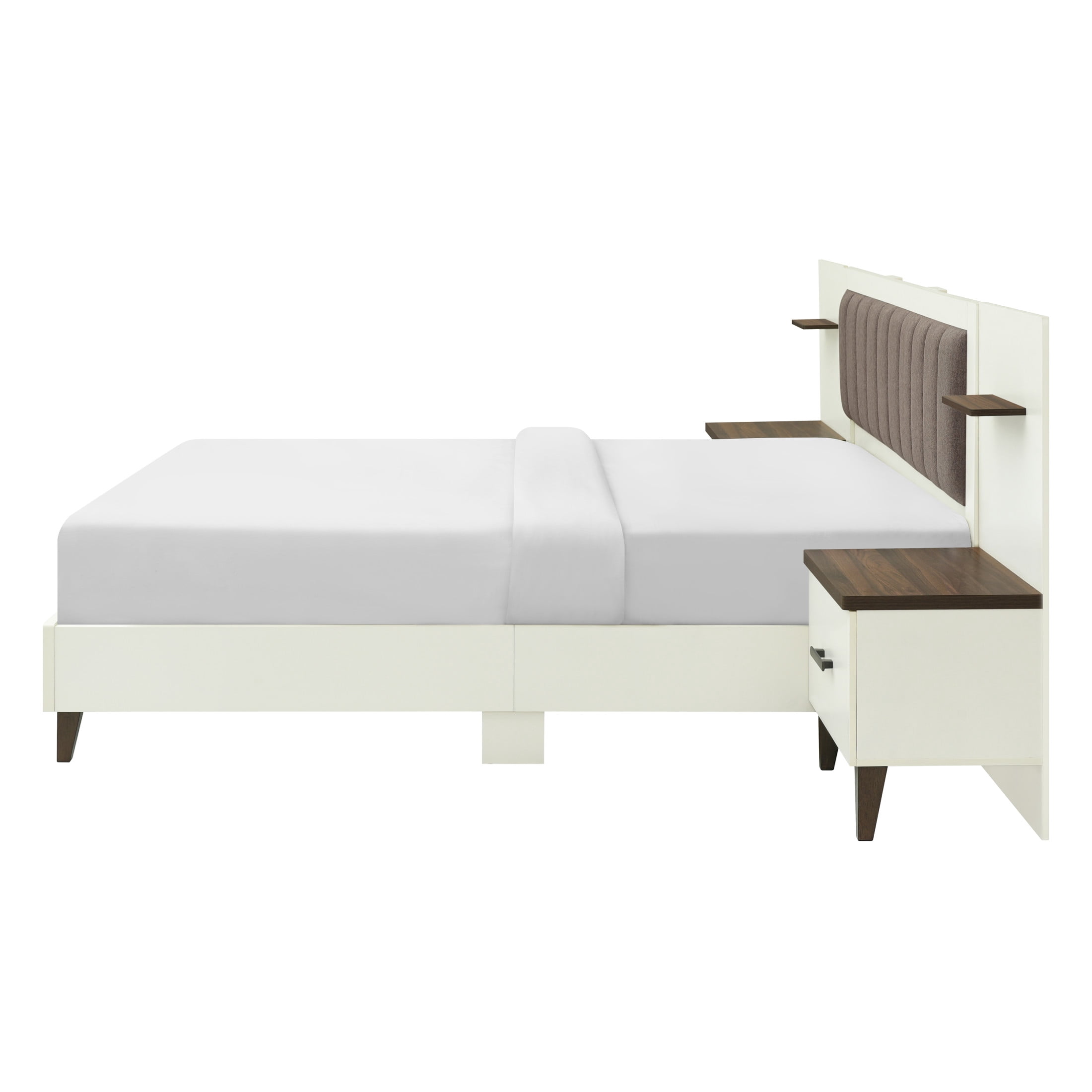 Christopher Knight Home Upholstered King Bed Frame with 2 Nightstands & Floating Shelves, Brown+White
