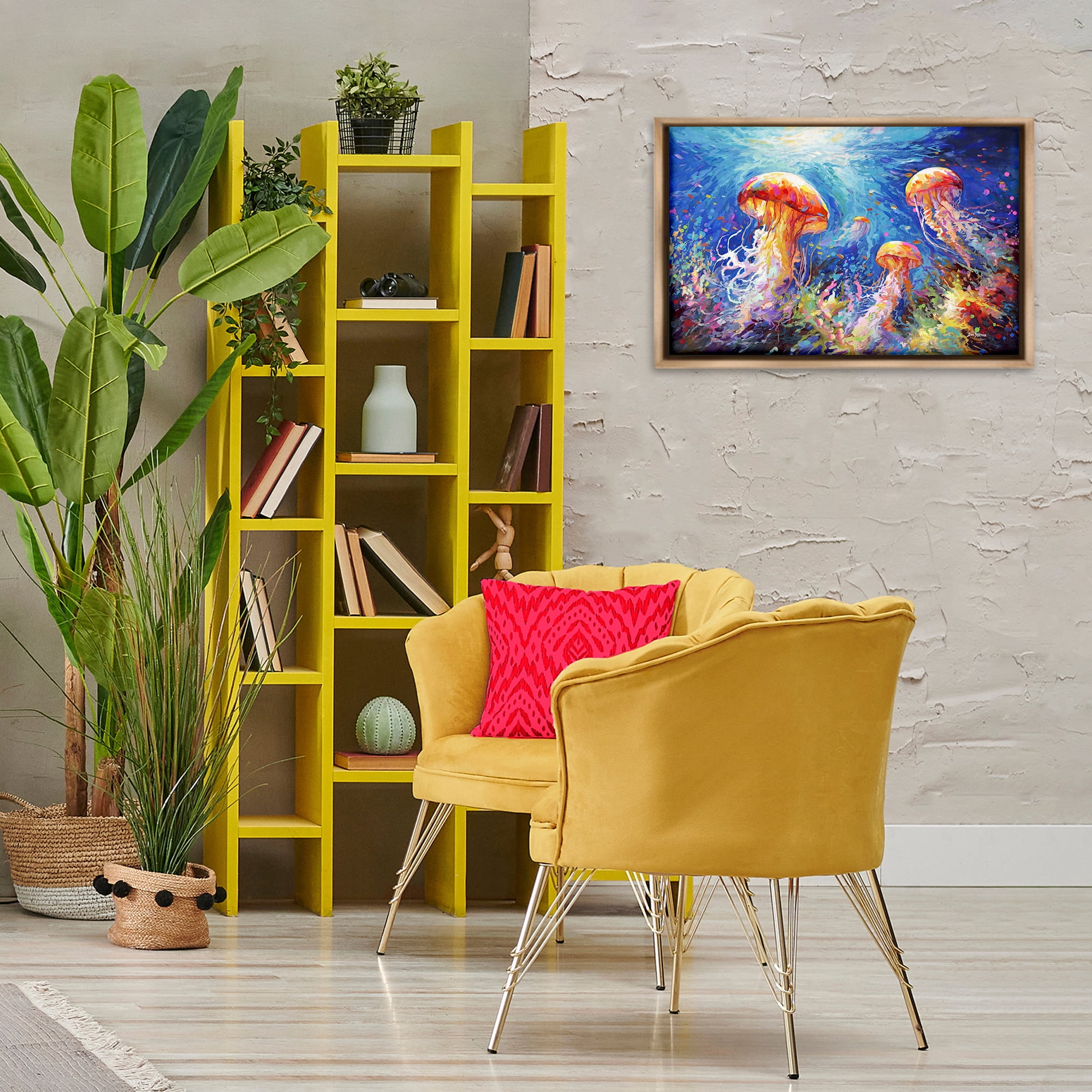 Stupell Industries Jellyfish Serenade Underwater Animals & Insects Painting Brown Floater Framed Canvas Art Print Wall Art, 25 x 17