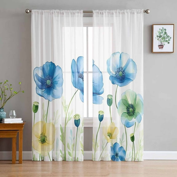 Blue Yellow Spring Floral Sheer Curtains 72 Inches Long 2 Panels Set, Window Sheer Curtains for Living Room/Bedroom, Summer Botanical Watercolor Light Filtering Rod Pocket Curtain 52'' x 72'' x 2