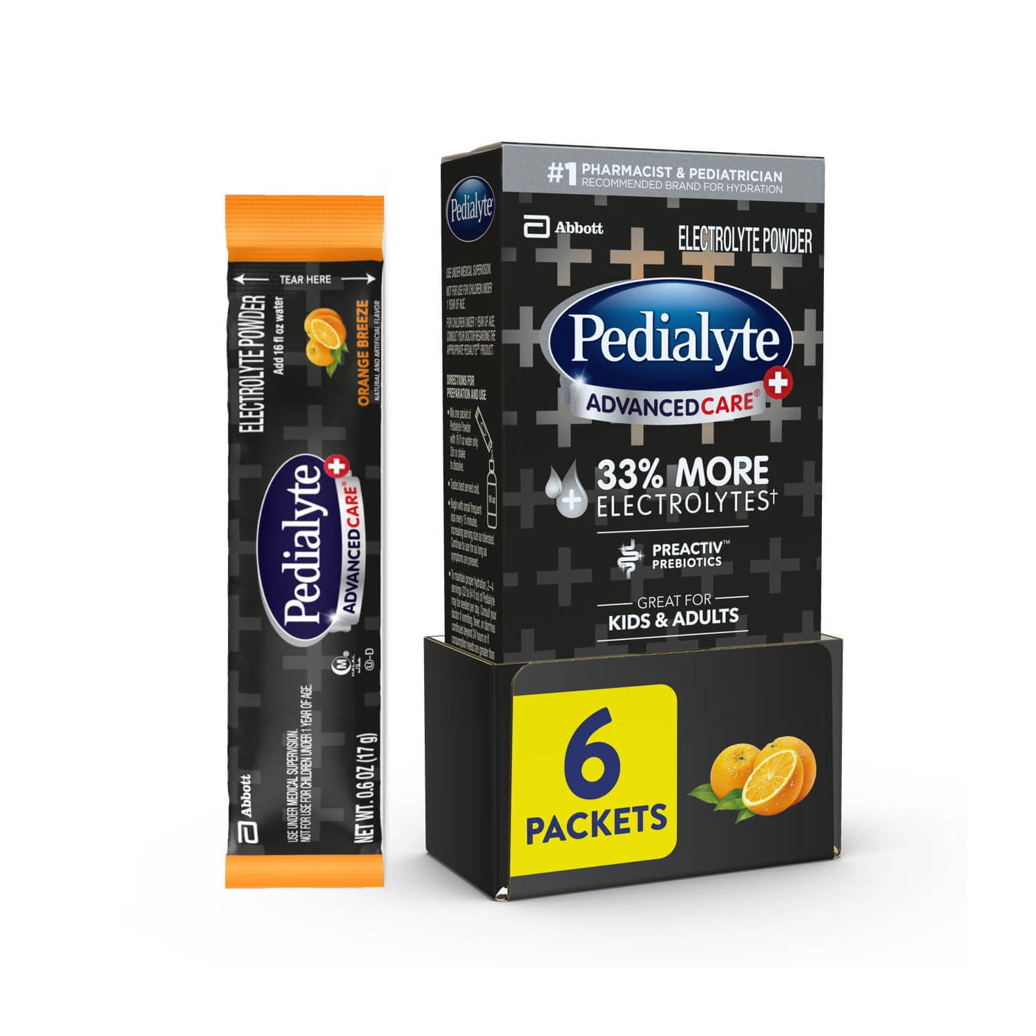 (6 pack) Pedialyte AdvancedCare Plus Electrolyte Powder, Orange Breeze, 6 Powder Packets