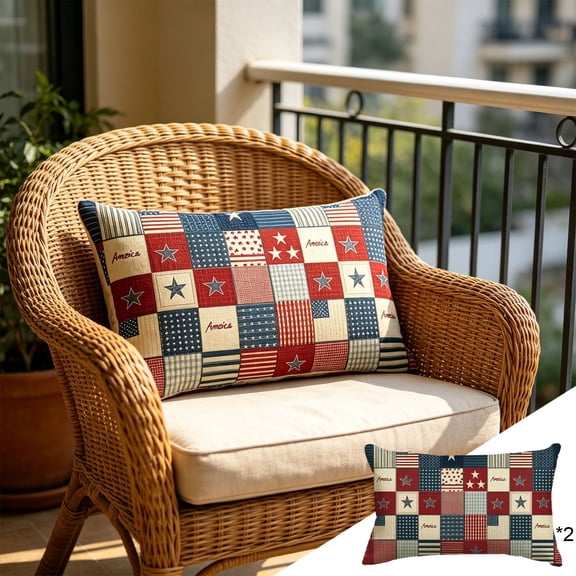 romoty 4th of July Patriotic Lumbar Pillow Covers 12"x20", Set of 2 Independence Day Americana Patchwork Throw Pillow Case, Rectangular Decorative Cushion Cover for Home Sofa Patio Farmhouse Decor