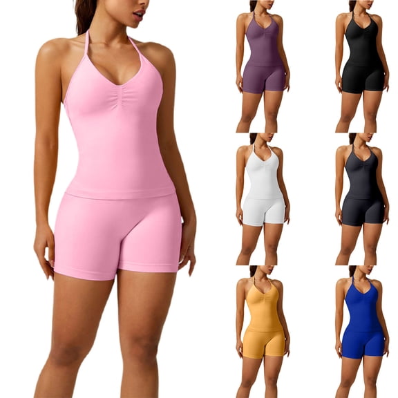TKYCMSUAKI Workout Sets for Women Two Piece Spaghetti Strap Tank Tops with Shorts Trendy Solid Color Yoga Outfits Set