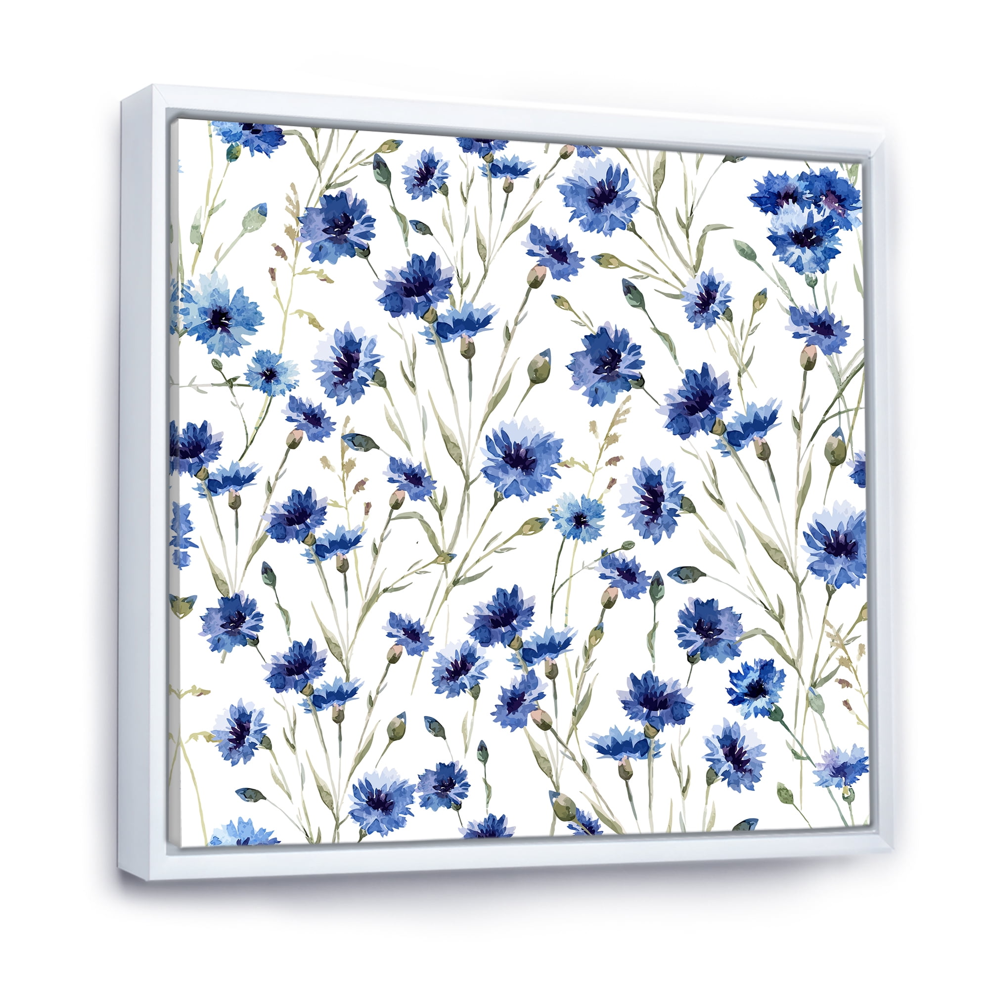 Designart 'Blue Wildflowers With Green Leaves On White' Traditional Framed Canvas Wall Art Print