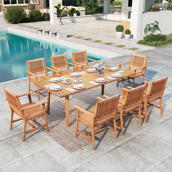 SUMMIT LIVING 9-Piece Acacia Wood Outdoor Patio Dining set with 8 Wooden Chairs (Weight Capacity 350 lbs) with Rattan Seat & Back and Acacia Wood Table