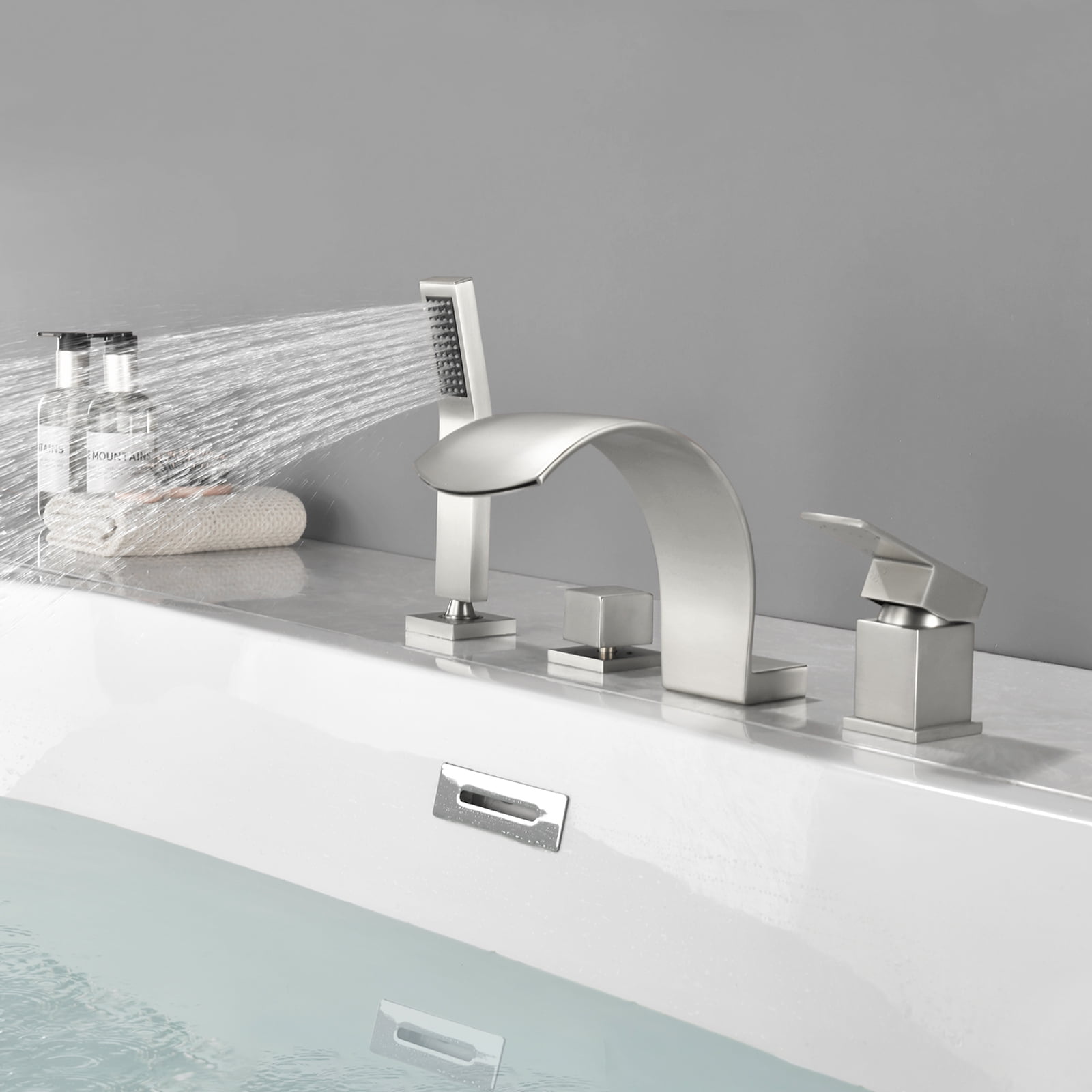 Cobbe Bathroom Bathtub Shower Faucet Set with Handheld Sprayer and 3.78-Inch Wide Tub Spout Single Handle 4-Hole Mount Brushed Nickel