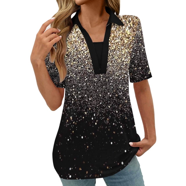 Blouses pour Femmes, Blouses Imprimées à la Mode pour Femmes, T-Shirt à Manches Courtes, Col Rabattu