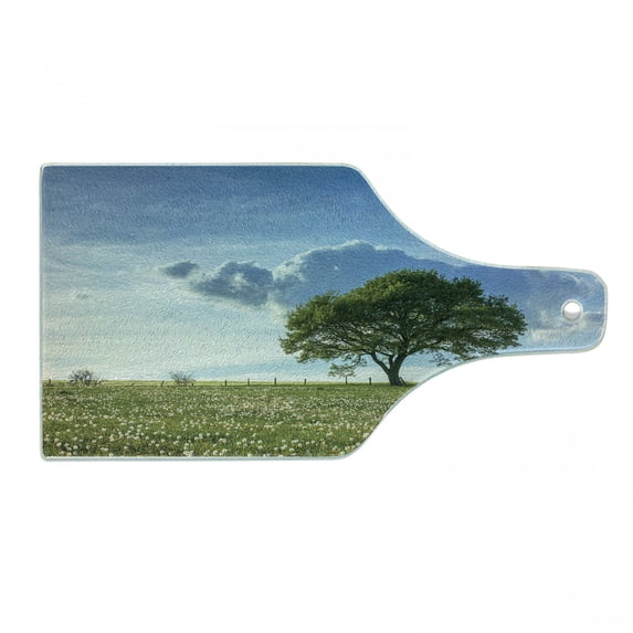 Tree Cutting Board, Tree on a Wide Dandelion Flower Field Fluffy Clouds Summer Getaway Meadow Picture, Decorative Tempered Glass Cutting and Serving Board, Wine Bottle Shape, Green Blue, by Ambesonne