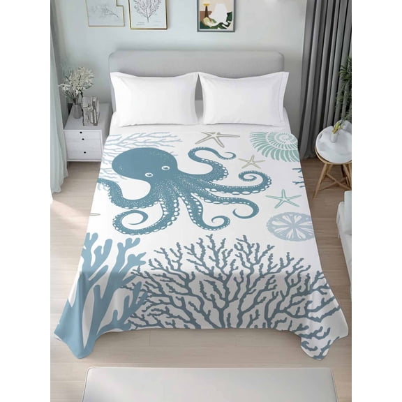 Blue Octopus Coastal California King Size Flat Sheet, Wrinkleproof & Fadeproof Cooling Flat Bed Sheet Only, Summer Beach Nautical Coral Breathable Soft Bedding Top Sheets 108 x 98 Inches