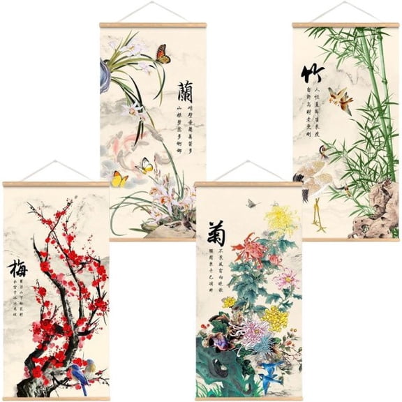 Hzzsbu Wall Scroll Hanging Painting Decor, Chinese Traditional Art Set of 4 Vintage Flower Paintings Ancient Painting Replica, Plum Orchid Bamboo Chrysanthemum