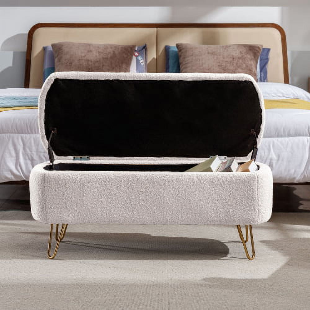 Storage Ottoman Bench with Gold Legs, Faux Fur Entryway Bench with Storage for Living Room, Bedroom, Beige
