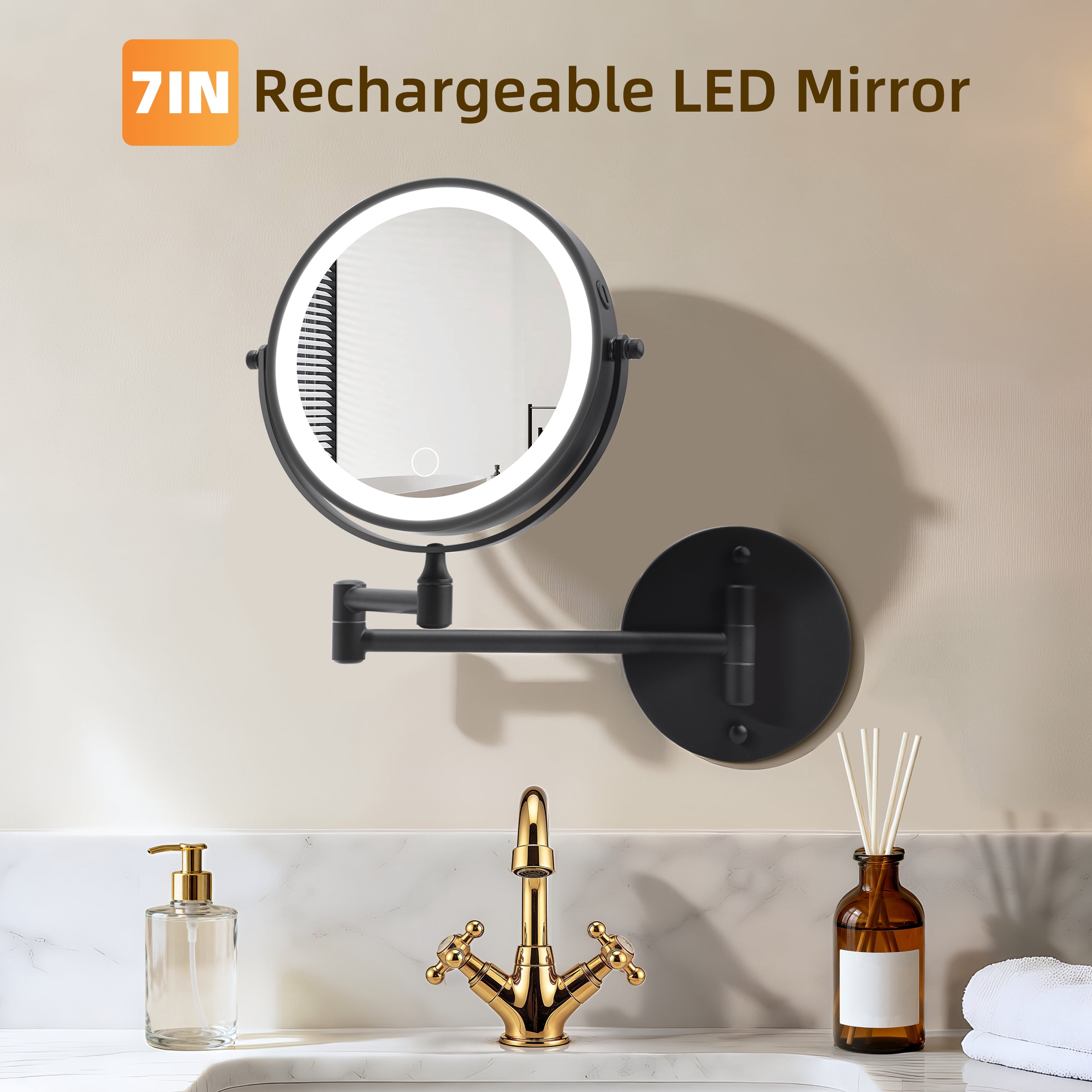 Rechargeable Wall Mounted Makeup Mirror with Lights and 10X Magnification, 360-Degree Swivel Bathroom Vanity Mirror, Black