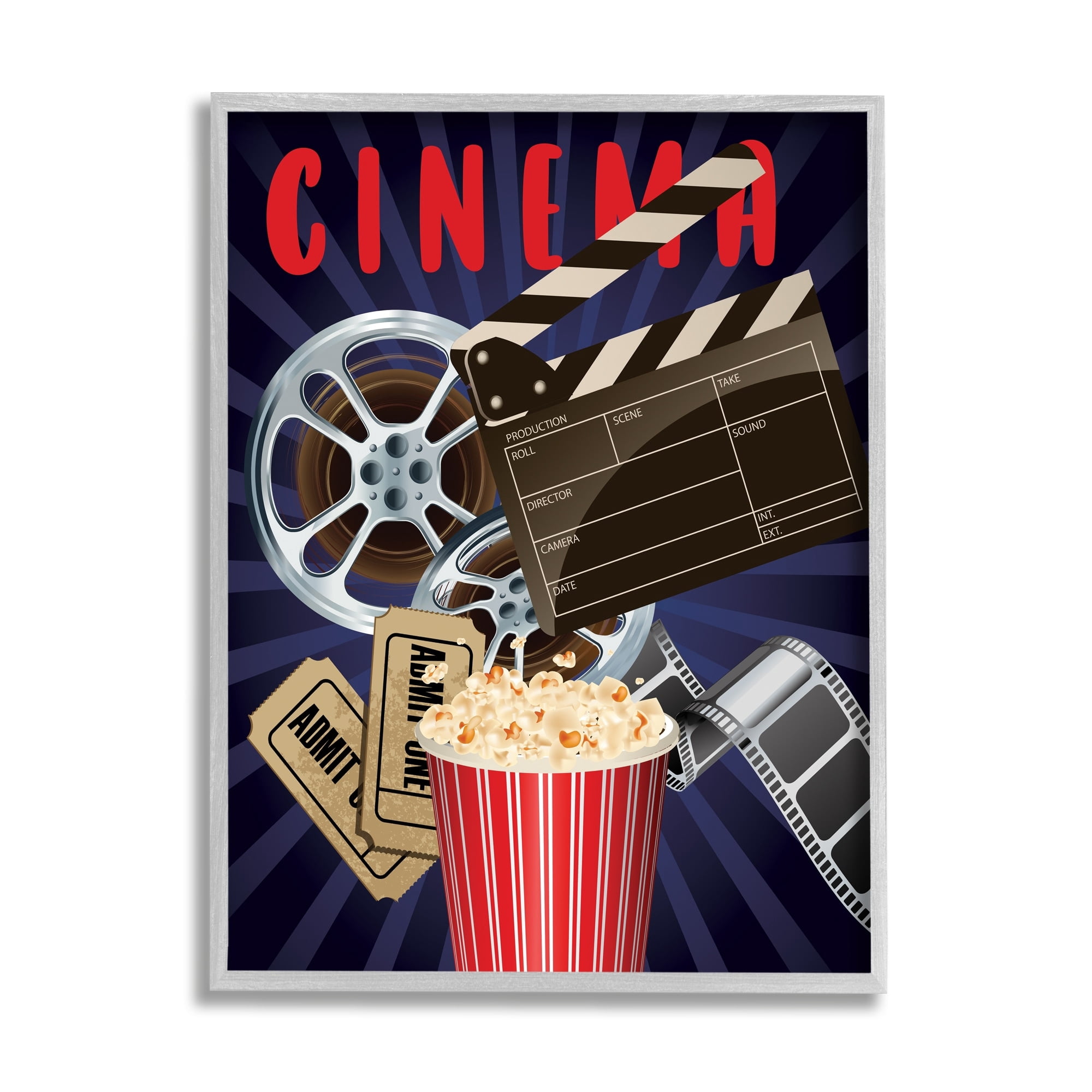 Stupell Industries Cinema Movie Reel Popcorn Entertainment Sign Graphic Art Gray Framed Art Print Wall Art, Design by Yvonne Coleman Burney