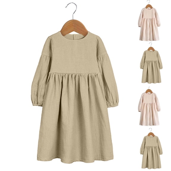 QSXADF Girls Long Sleeve Dress Toddler Linen Dress Fashionable Long Sleeves Round-Neck Regular-Length Casual Everyday Girl's Dresses Toddler Girls Outfits